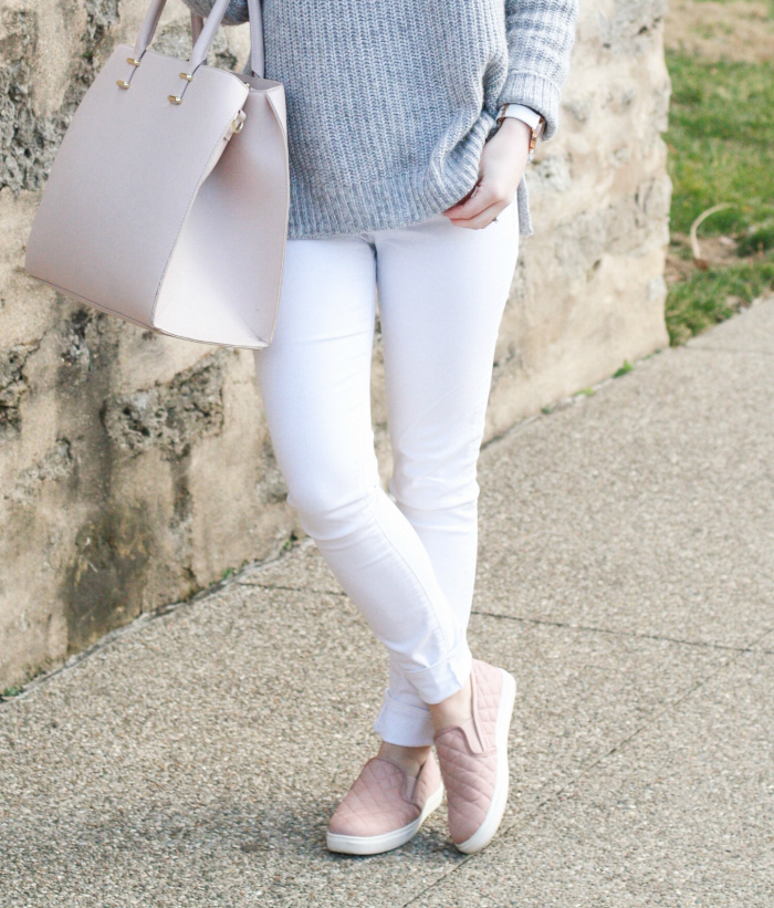 Grey sweater blush sneakers winter spring