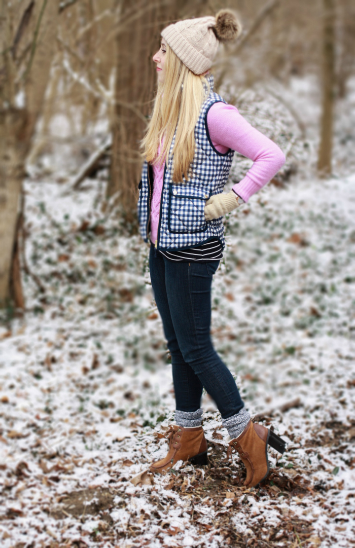 Pink Cable Knit Gingham Vest winter style