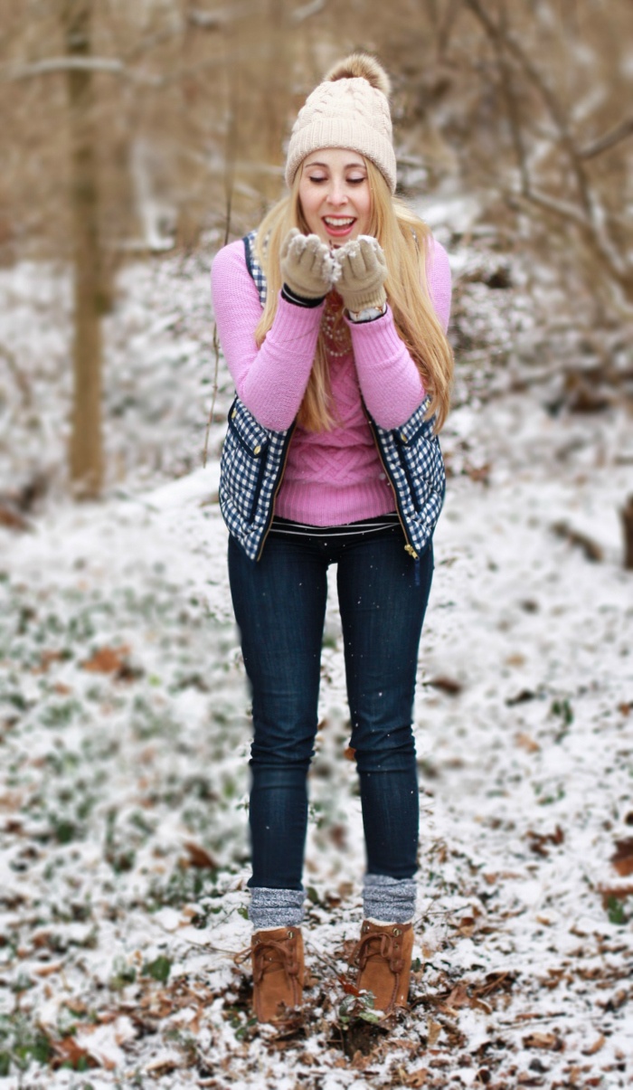 Pink Cable Knit Gingham Vest winter style