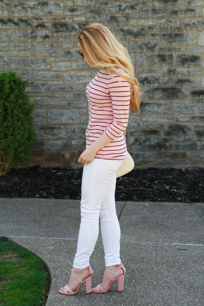 striped blush shirt steve madden heels mint tassel
