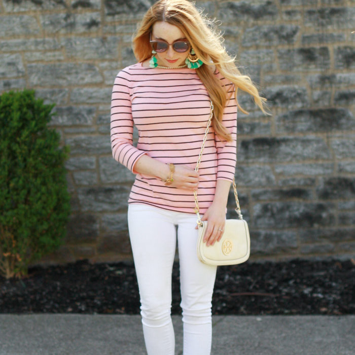 striped blush shirt steve madden heels mint tassel