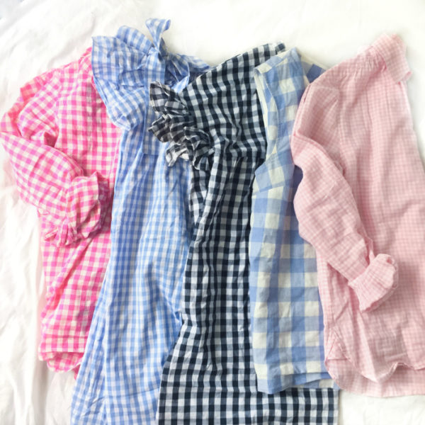 gingham pink light blue off the shoulder