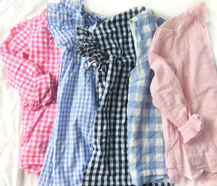 gingham pink light blue off the shoulder