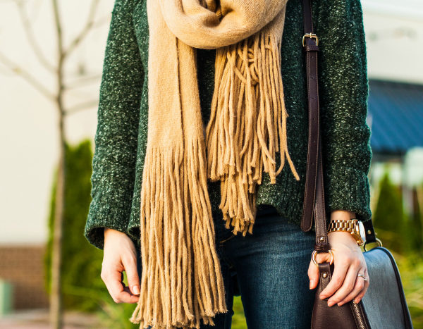 green sweater tan fringe scarf fall style