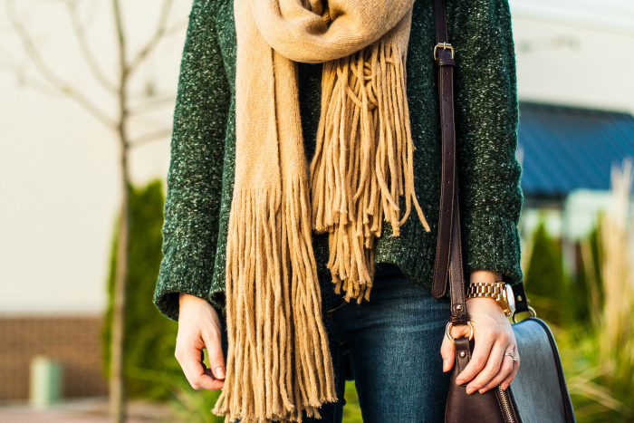 green sweater tan fringe scarf fall style