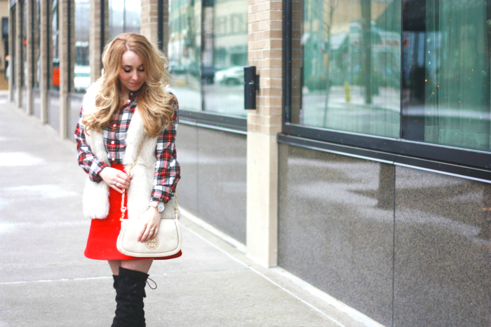 red skirt fur vest plaid holiday style