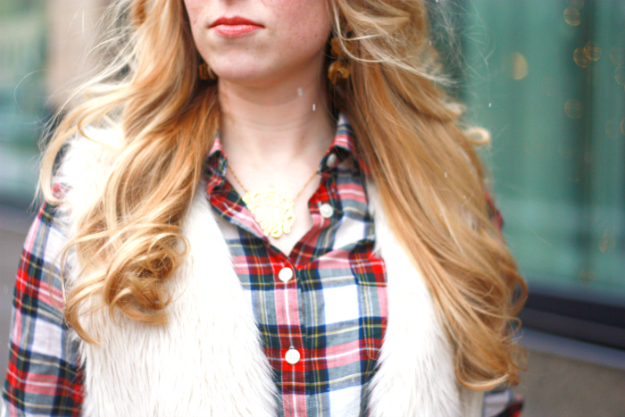 red skirt fur vest plaid holiday style