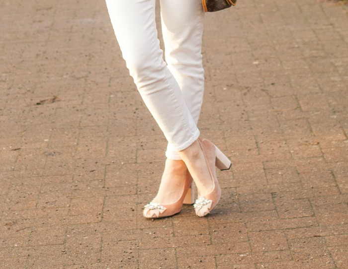 lilac ruffles bow tie white denim embellished pumps