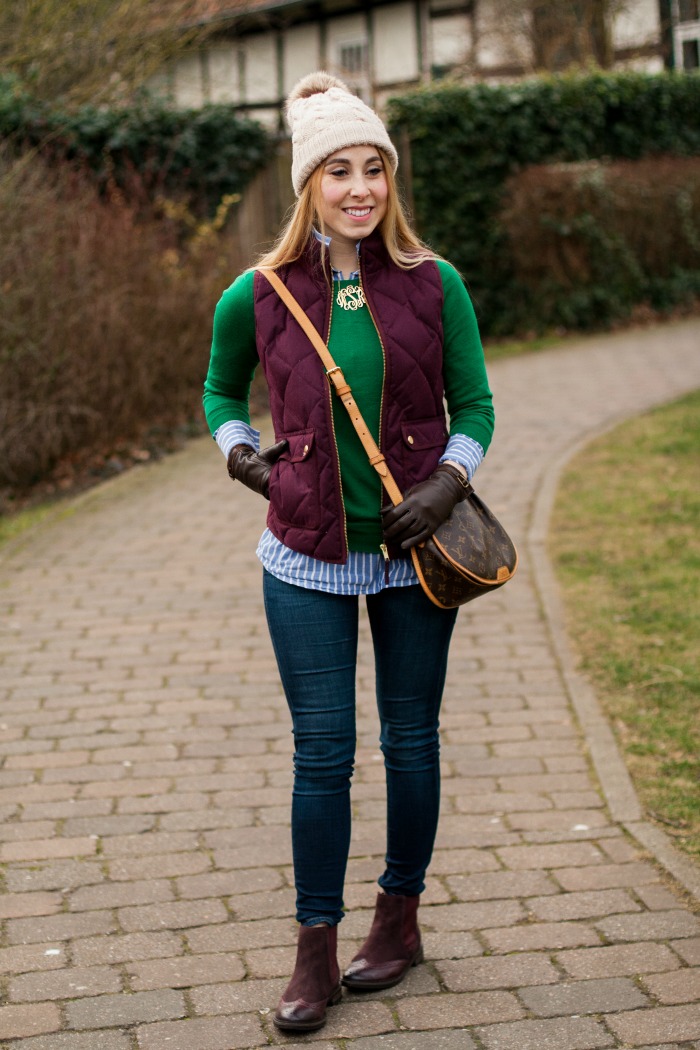 green pullover burgundy vest chelsea boots