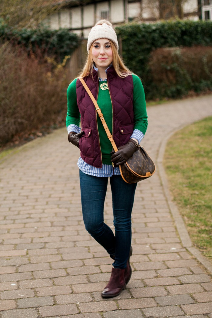 green pullover burgundy vest chelsea boots