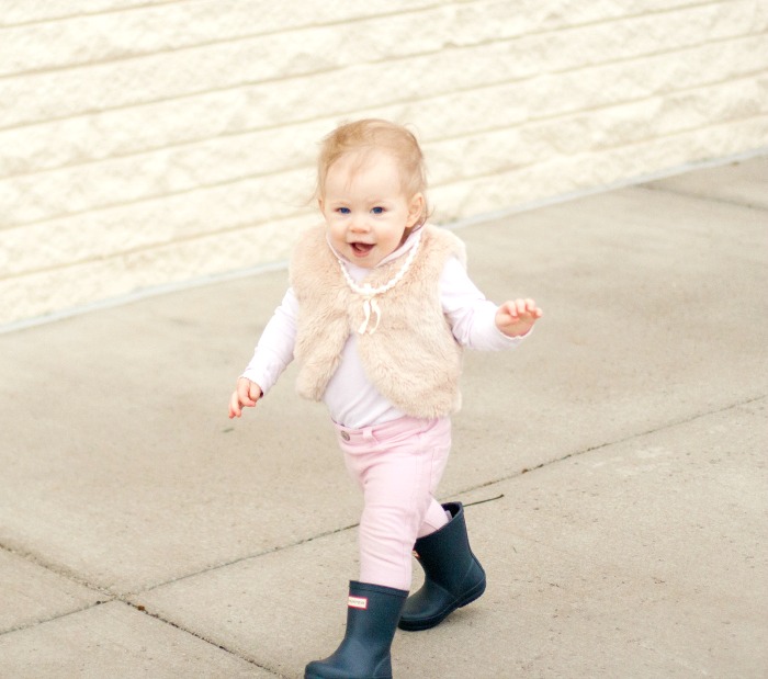 preppy toddler girl fur vest hunter boots