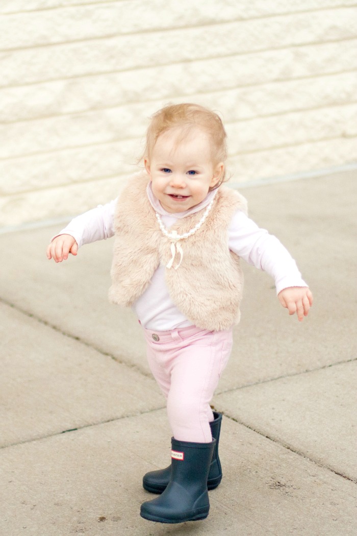 preppy toddler girl fur vest hunter boots