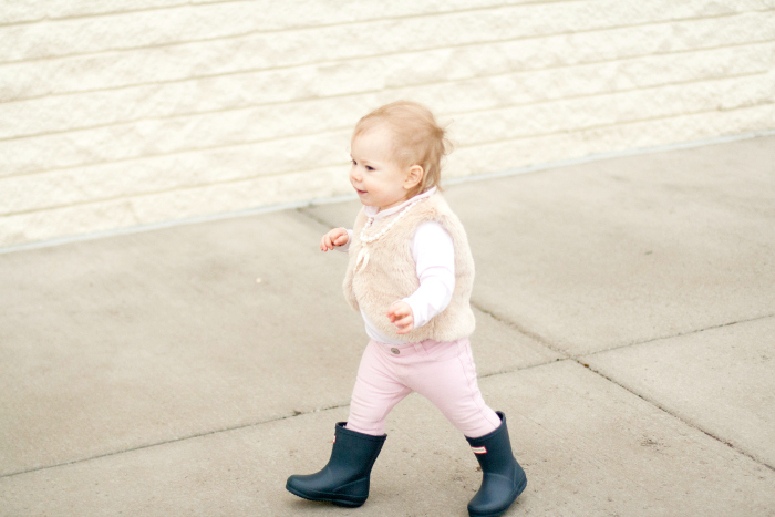 preppy toddler girl fur vest hunter boots