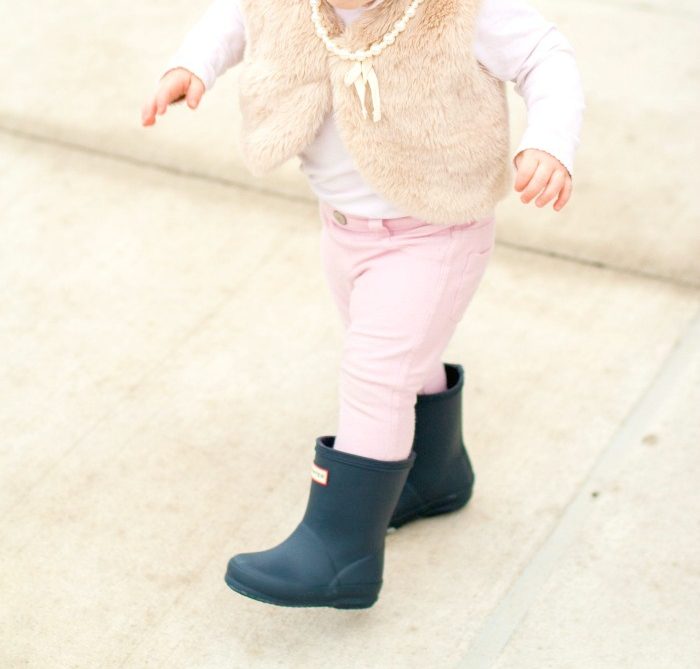 preppy toddler girl fur vest hunter boots
