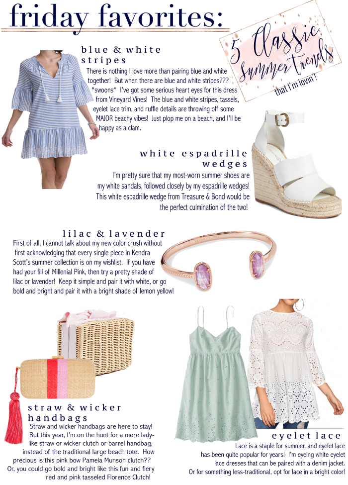 friday favorites classic summer trends eyelet lace white wedges lilac straw wicker handbags preppy