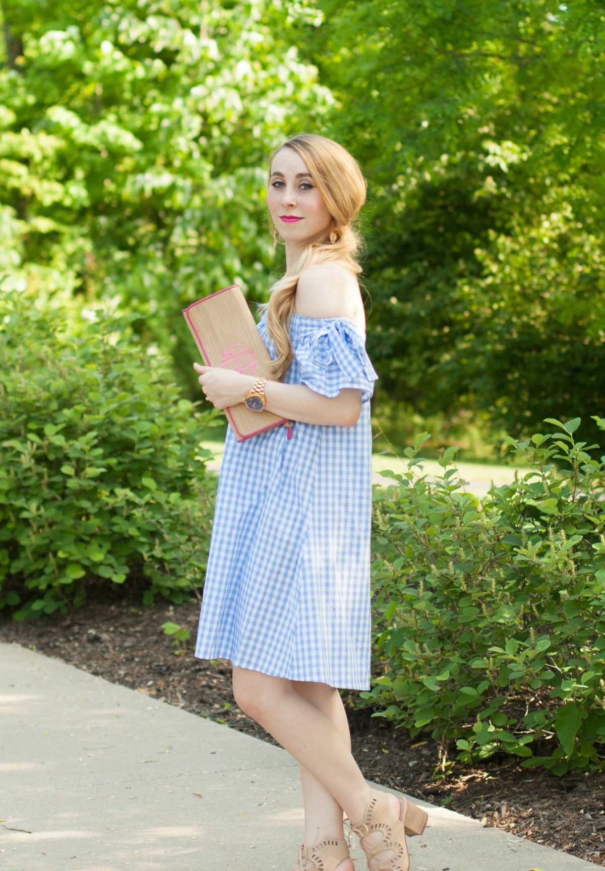 light blue baby blue gingham dress off the shoulder