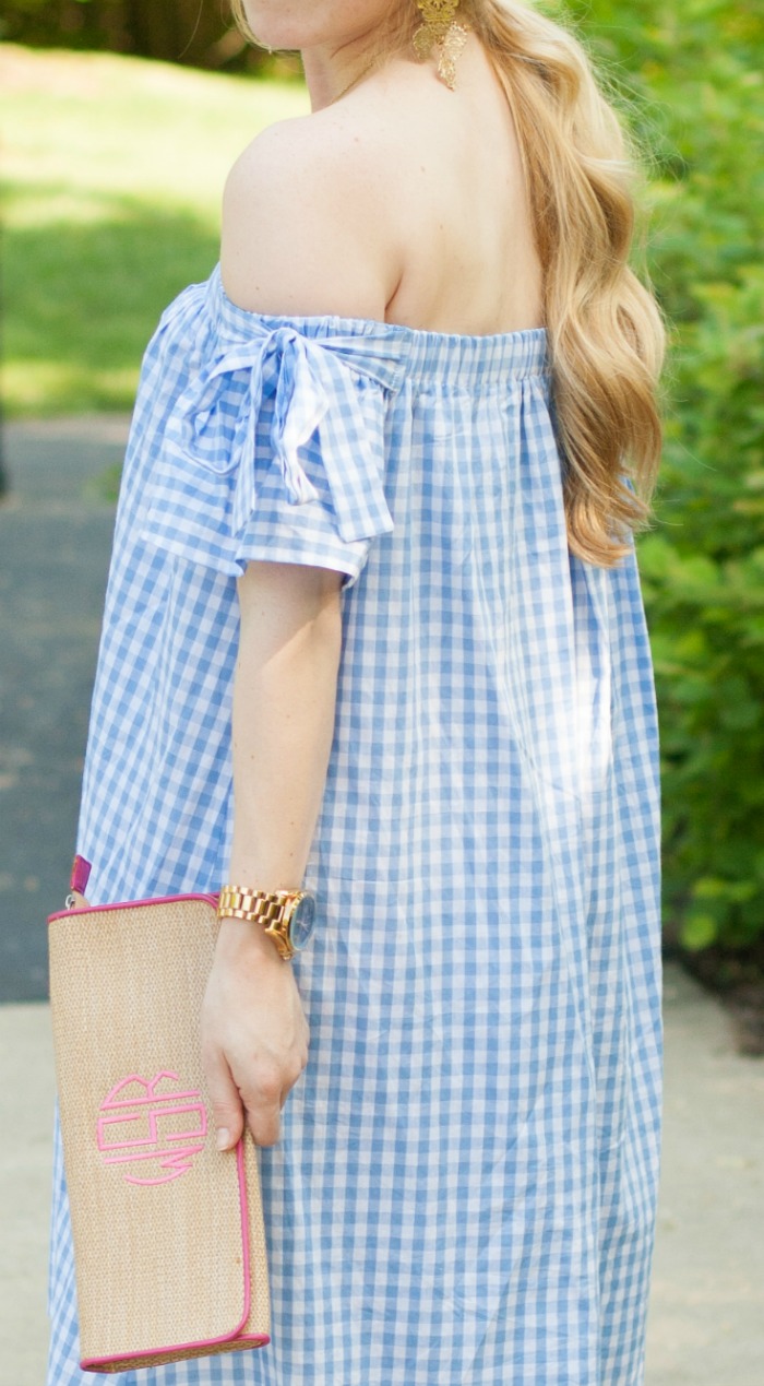 light blue baby blue gingham dress off the shoulder