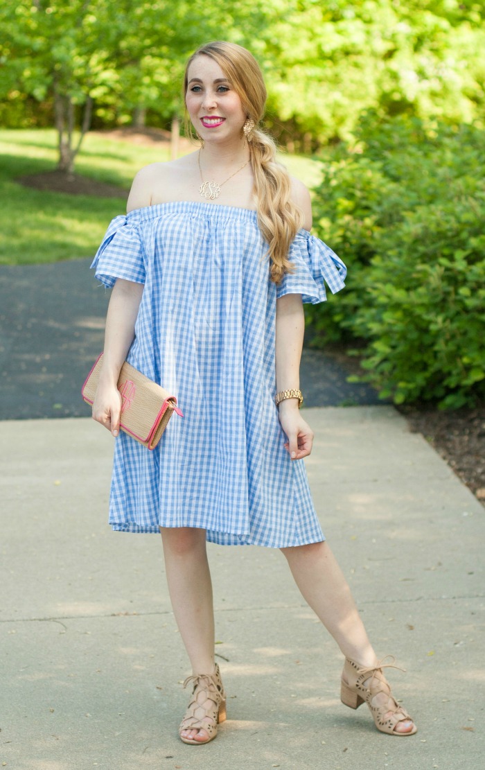 light blue baby blue gingham dress off the shoulder