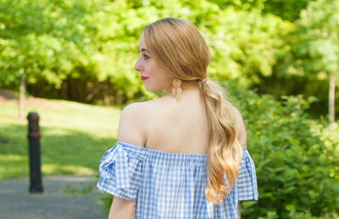 light blue baby blue gingham dress off the shoulder