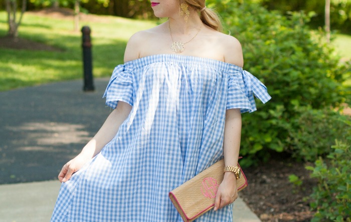 light blue baby blue gingham dress off the shoulder