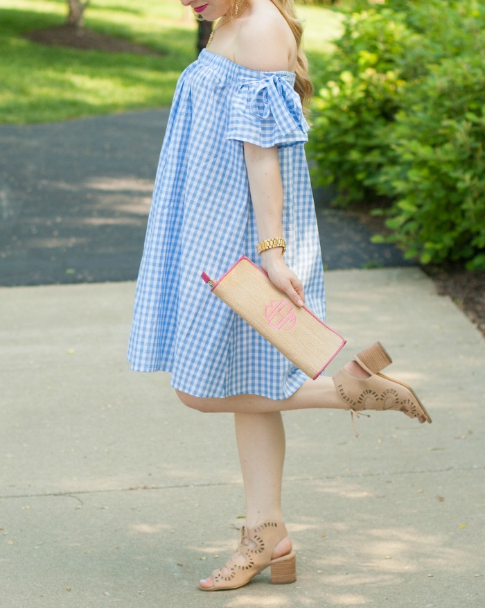 light blue baby blue gingham dress off the shoulder