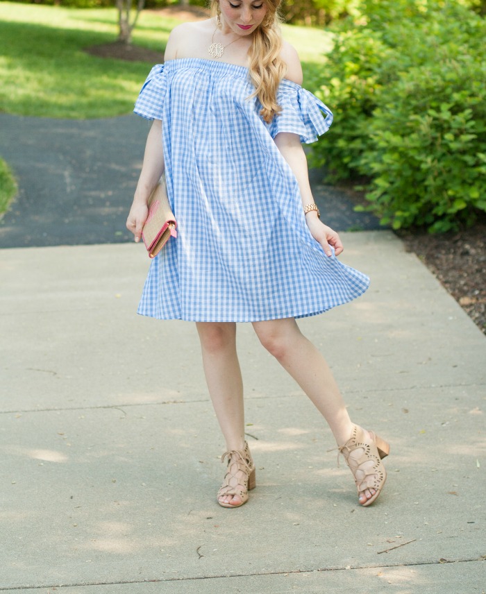 light blue baby blue gingham dress off the shoulder