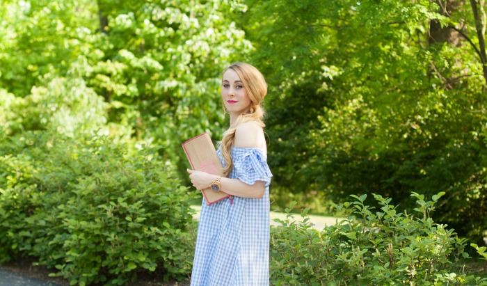 light blue baby blue gingham dress off the shoulder