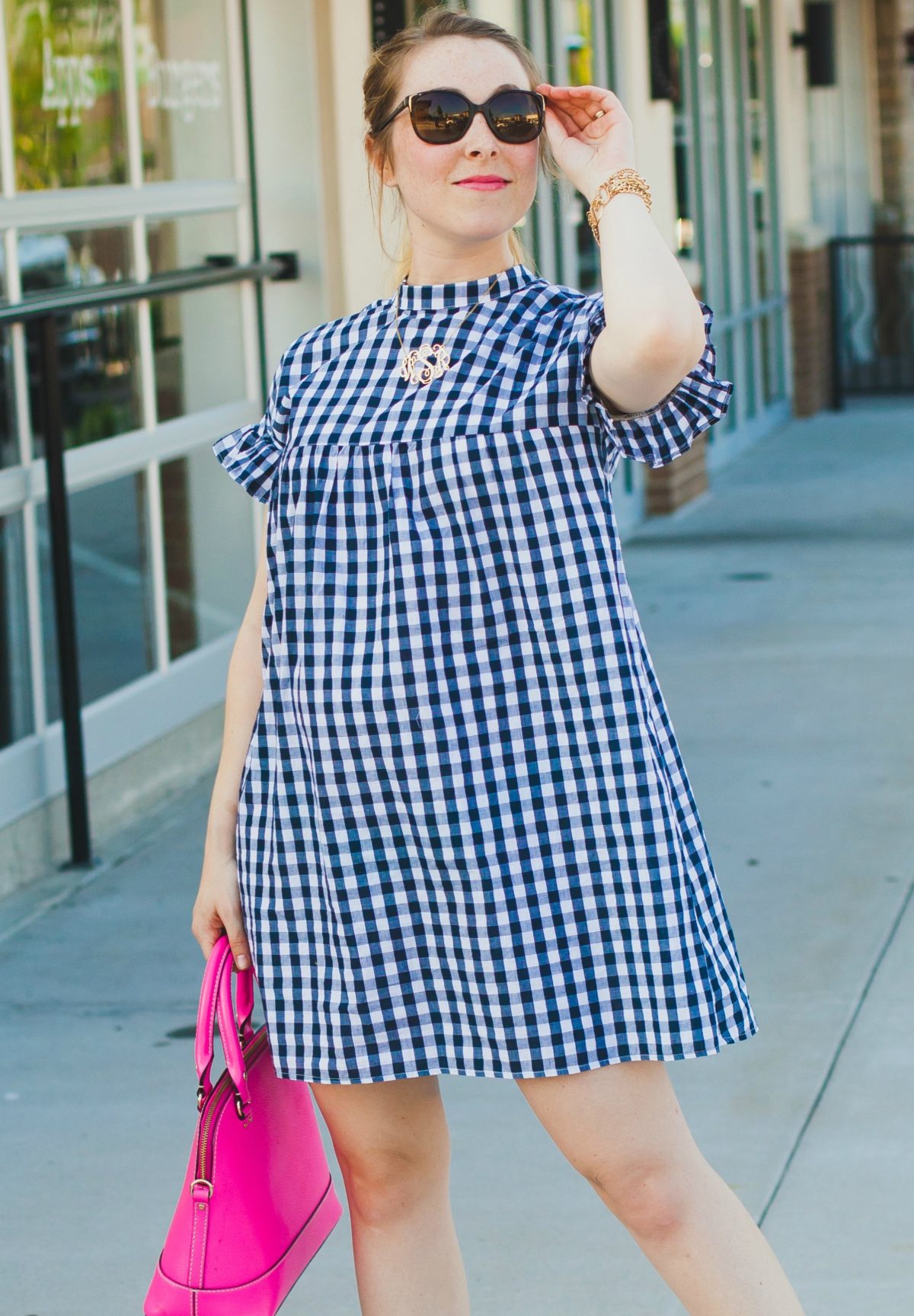 gingham ruffle dress summer maternity style preppy