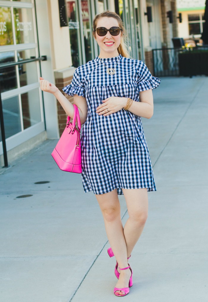 gingham ruffle dress summer maternity style preppy pink kate spade