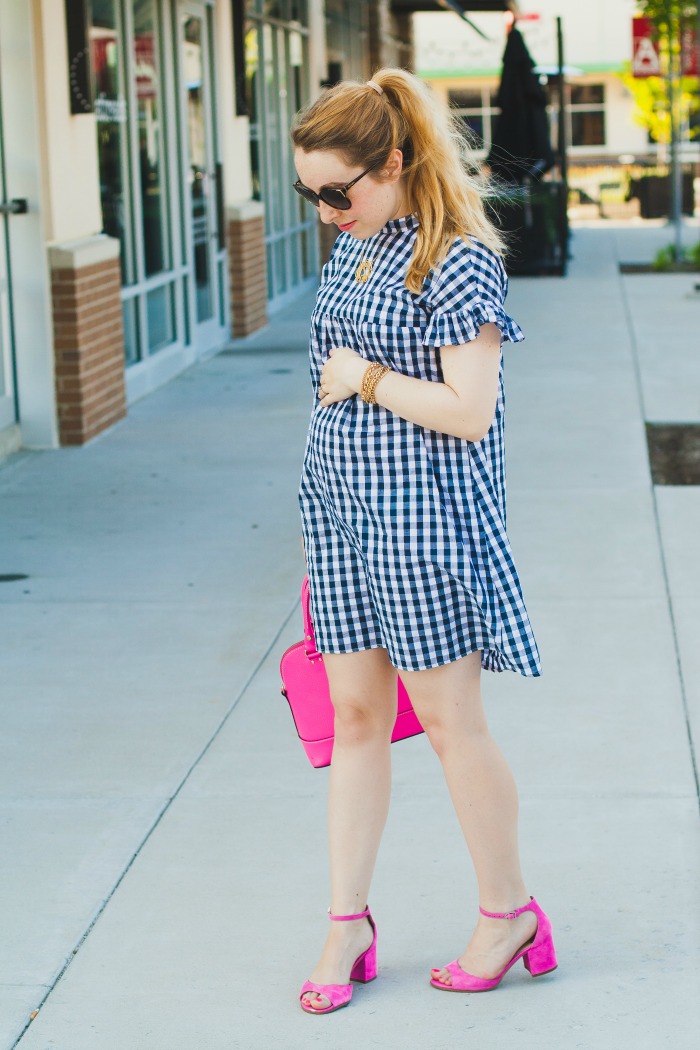 gingham ruffle dress summer maternity style preppy pink kate spade