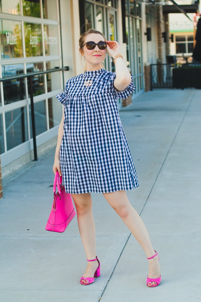 gingham ruffle dress summer maternity style preppy pink kate spade