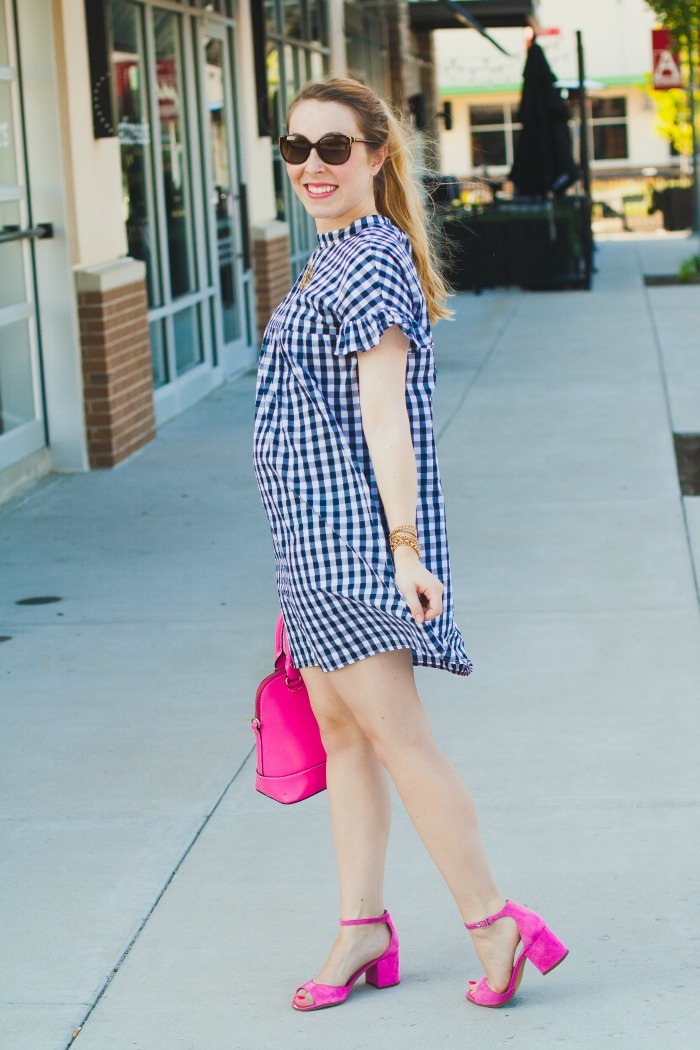 gingham ruffle dress summer maternity style preppy pink kate spade