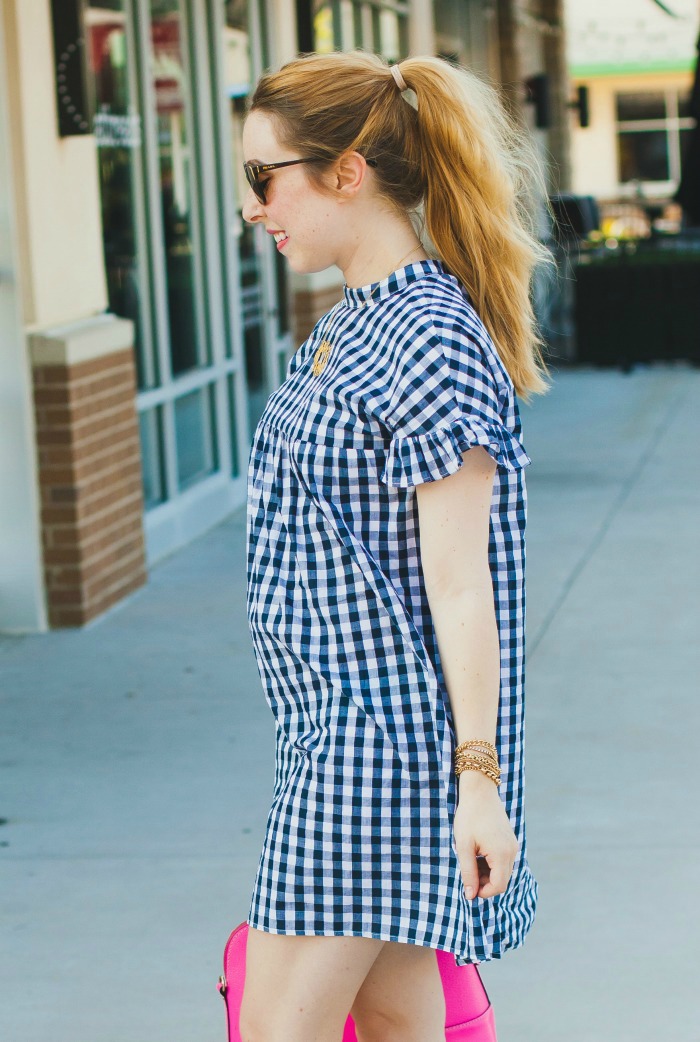 gingham ruffle dress summer maternity style preppy