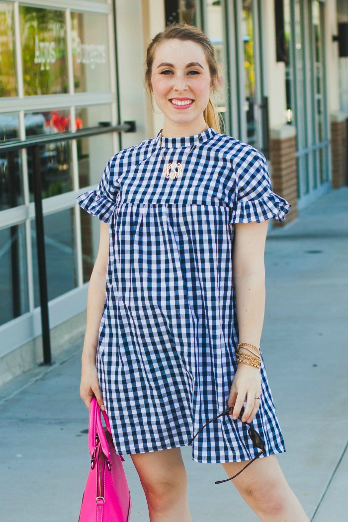 gingham ruffle dress summer maternity style preppy pink kate spade