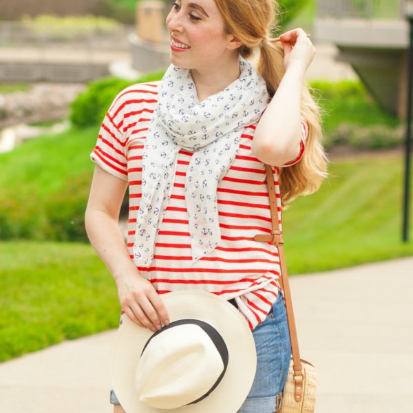 red striped tshirt j.crew summer preppy style straw circle handbag anchor scarf