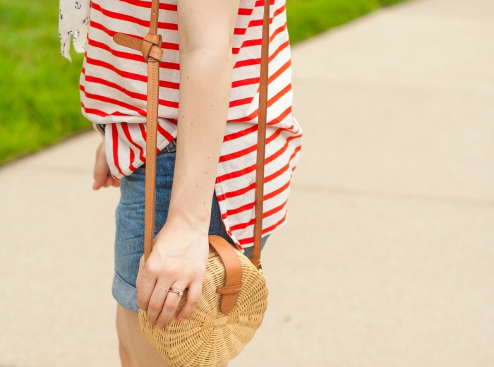 red striped tshirt j.crew summer preppy style straw circle handbag anchor scarf