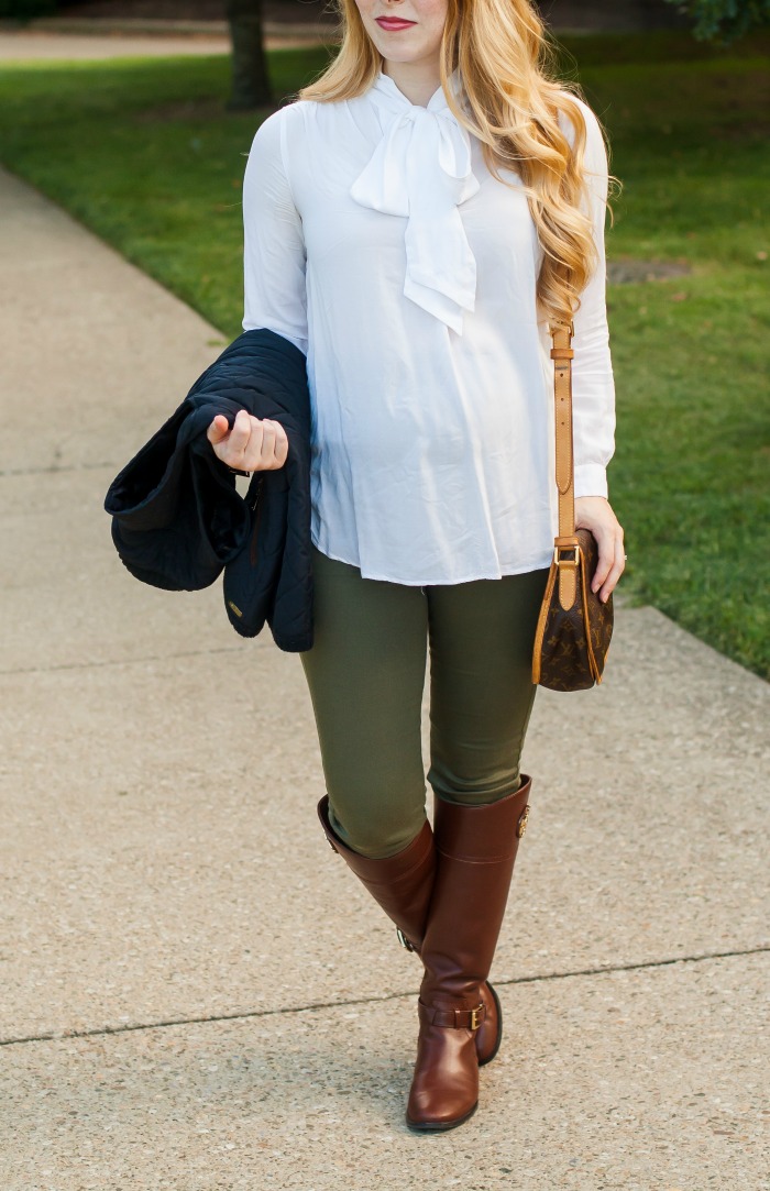 olive skinny jeans maternity preppy fall bow blouse riding boots