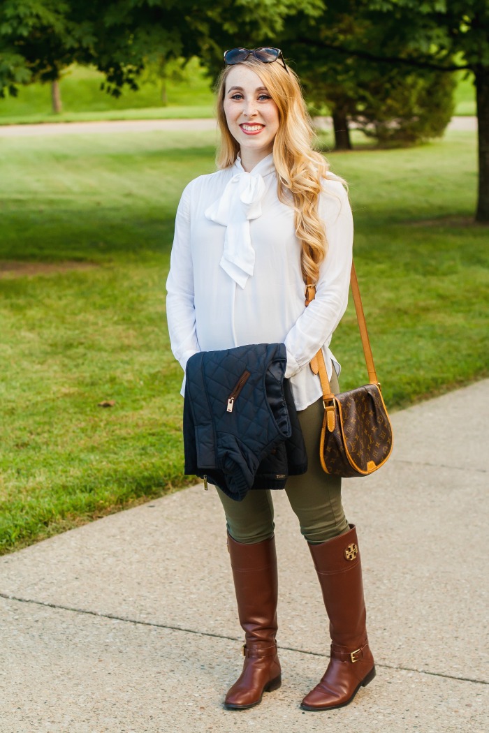 olive skinny jeans maternity preppy fall bow blouse riding boots