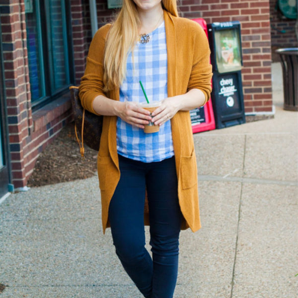 mustard cardigan light blue gingham maternity fall style preppy nordstrom j.crew factory leopard flats