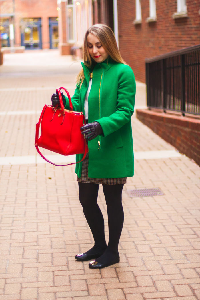 kelly green j.crew factory coat preppy herringbone skirt