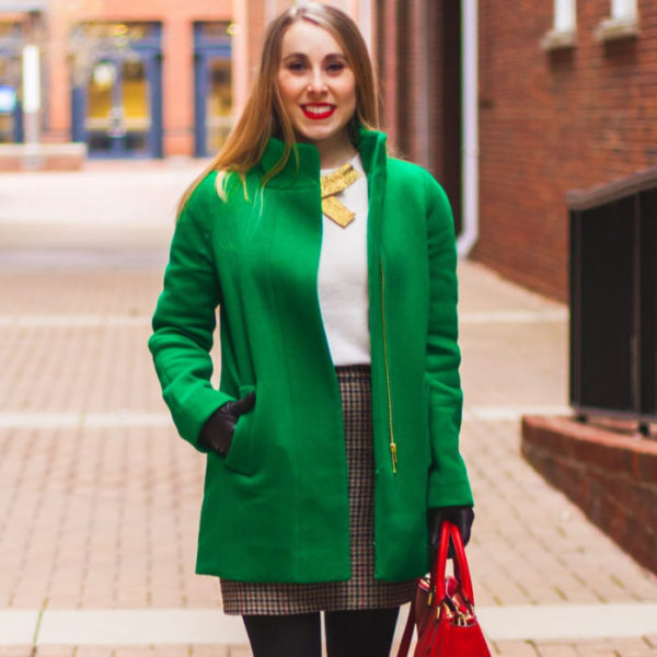 kelly green j.crew factory coat preppy herringbone skirt red tory burch robinson