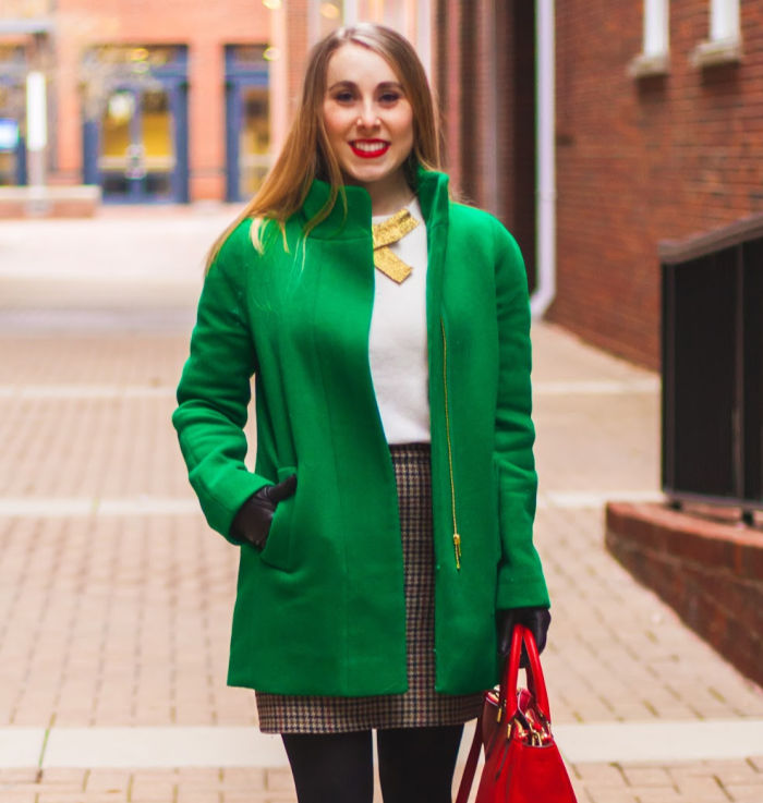 kelly green j.crew factory coat preppy herringbone skirt red tory burch robinson