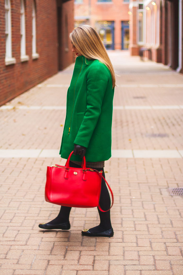 kelly green j.crew factory coat preppy herringbone skirt red tory burch robinson