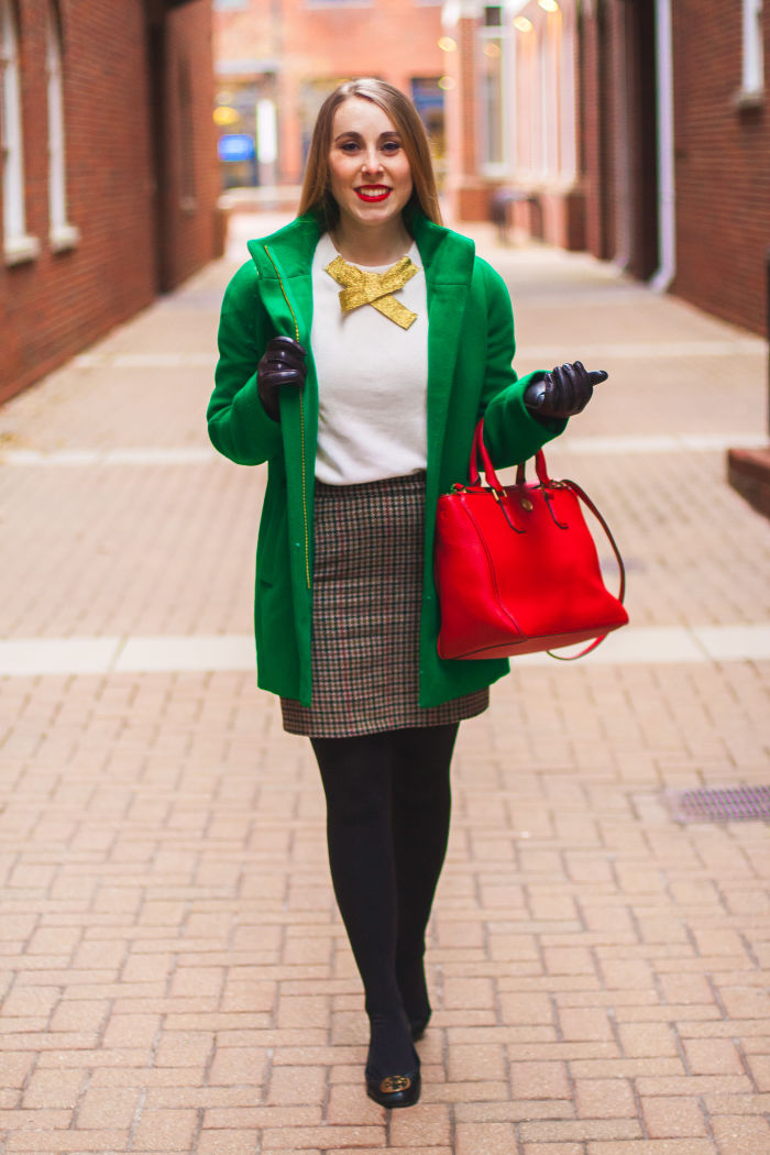 kelly green j.crew factory coat preppy herringbone skirt bow sweater red tory burch robinson