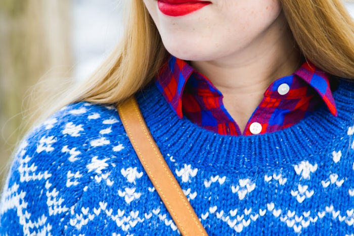 blue snowflake fair isle nordic sweater dress abercrombie & fitch preppy winter snow outfit