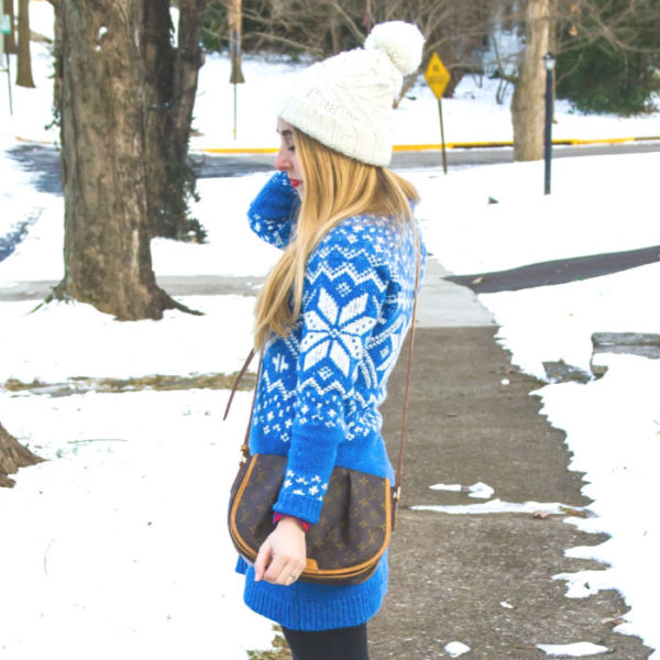 blue snowflake fair isle nordic sweater dress abercrombie & fitch preppy winter snow outfit