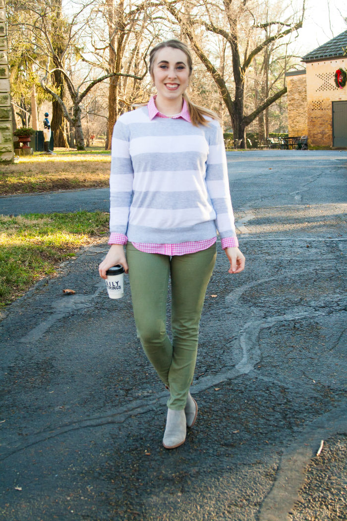 green skinny jeans winter preppy style j.crew pink gingham