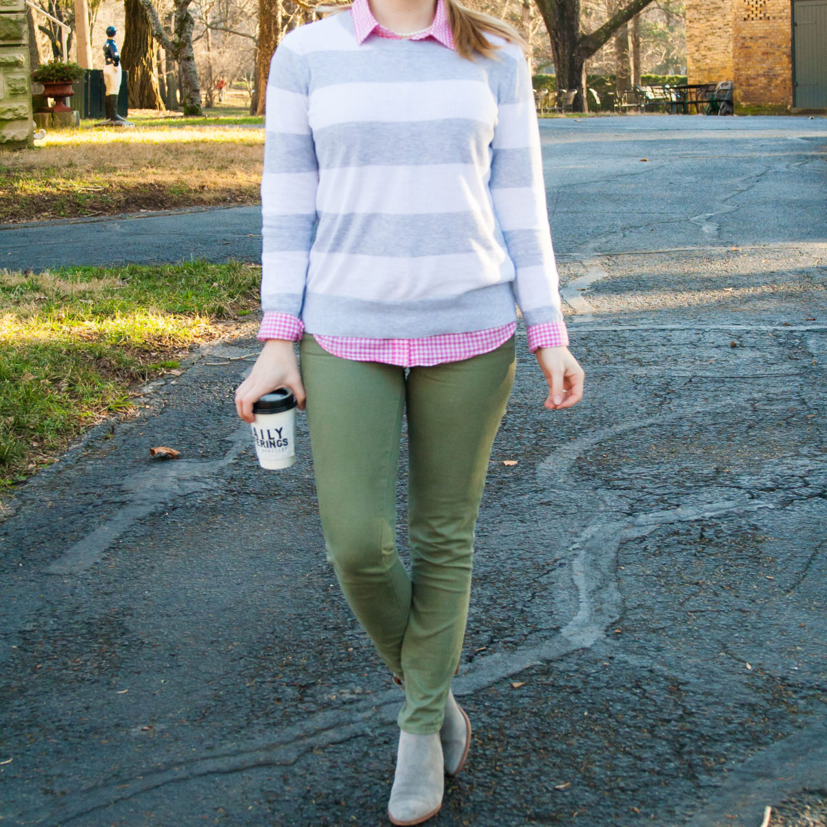 green skinny jeans winter preppy style j.crew pink gingham