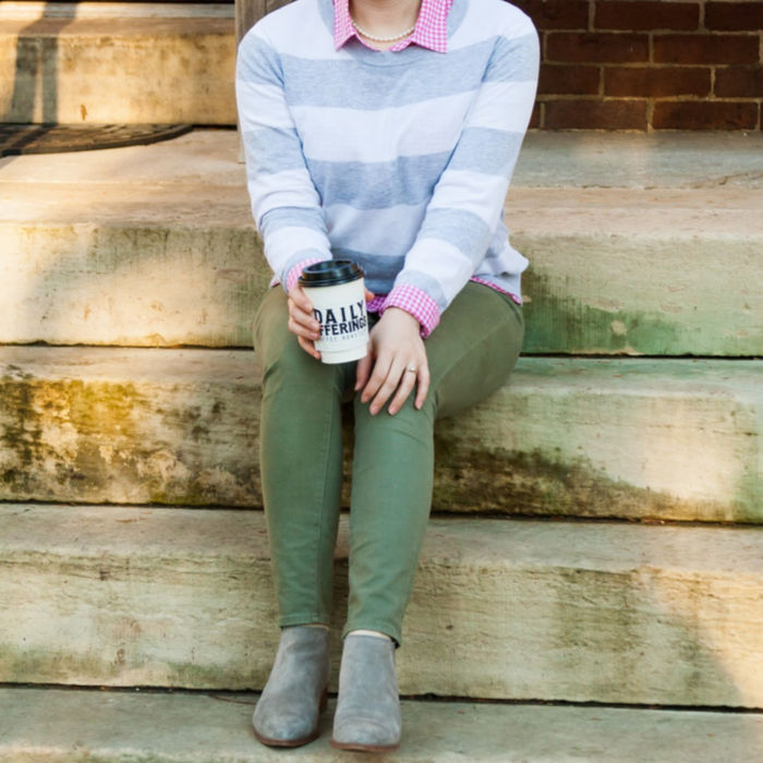 green skinny jeans winter preppy style j.crew pink gingham