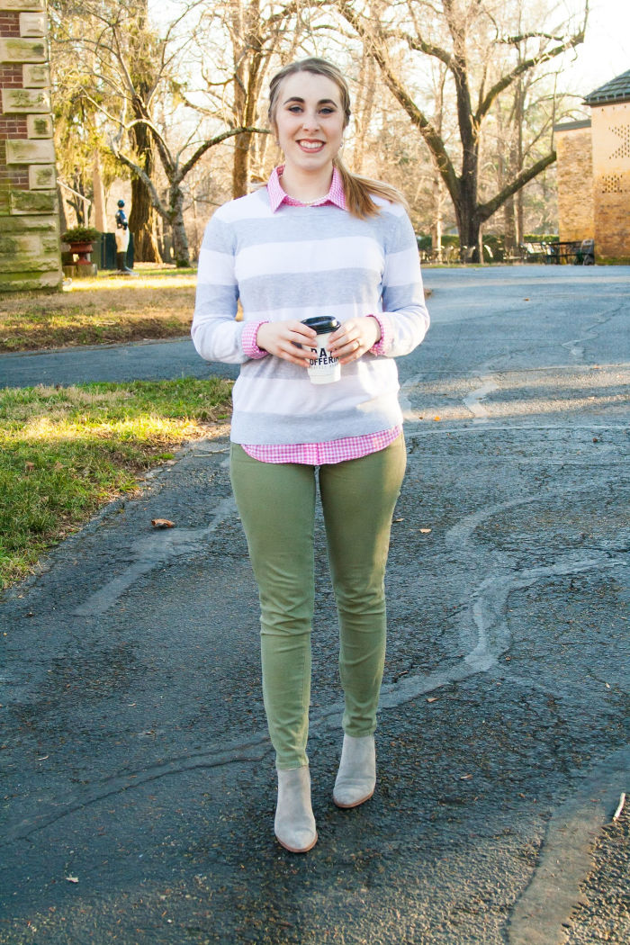 green skinny jeans winter preppy style j.crew pink gingham